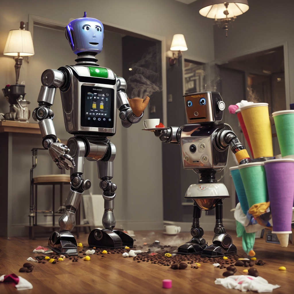 A humorous scene featuring a robot butler holding a colorful sock filled with steaming coffee.